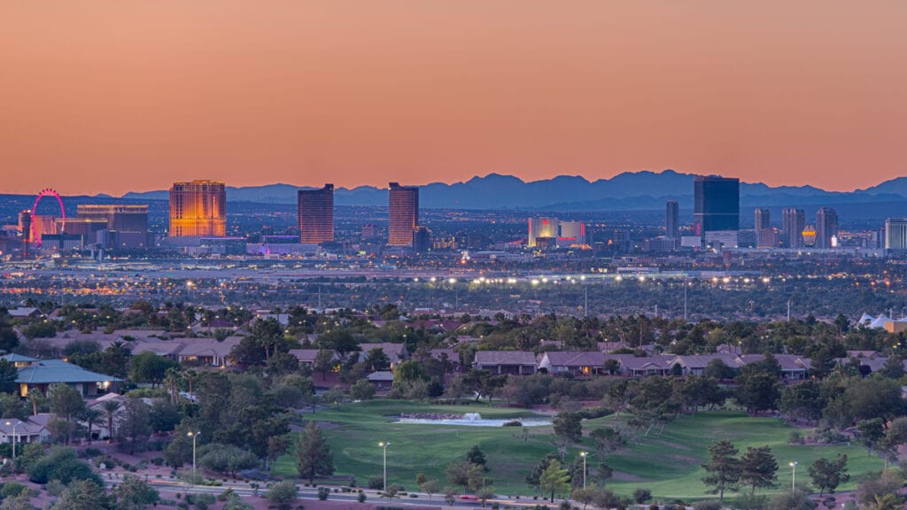 The Las Vegas Strip at dusk seen from the Henderson foothills